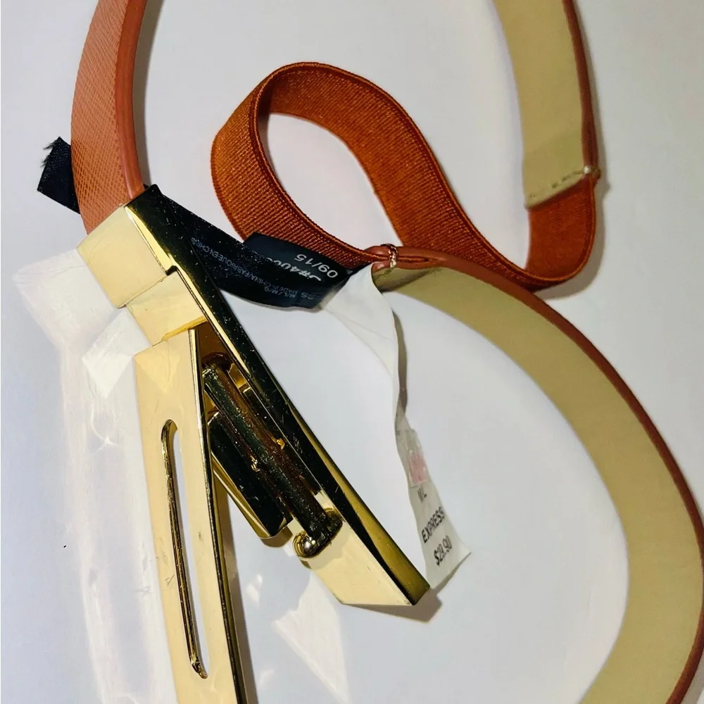 EXPRESS SKINNY BELT GOLD  TURN-LUCK ELASTIC IN THE BACK BROWN M/L TINY SCRATCH